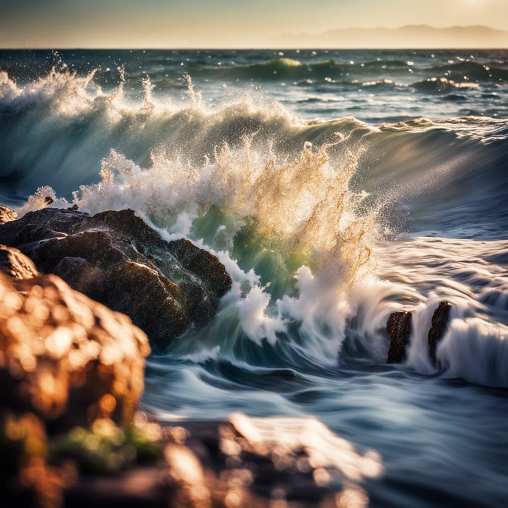 Ocean Wave Crashing: Macro Watercolor Photography