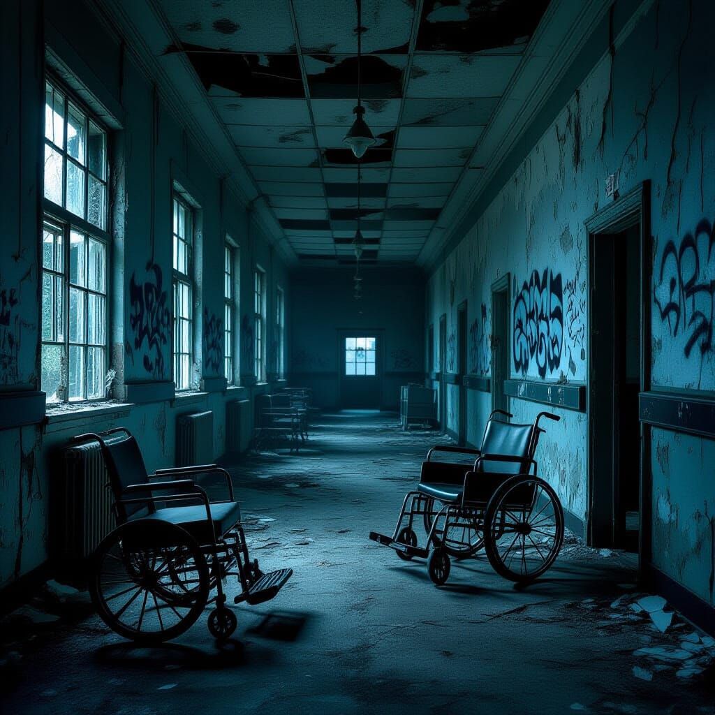 Abandoned Psychiatric Hospital at Twilight: Eerie Horror Sce...