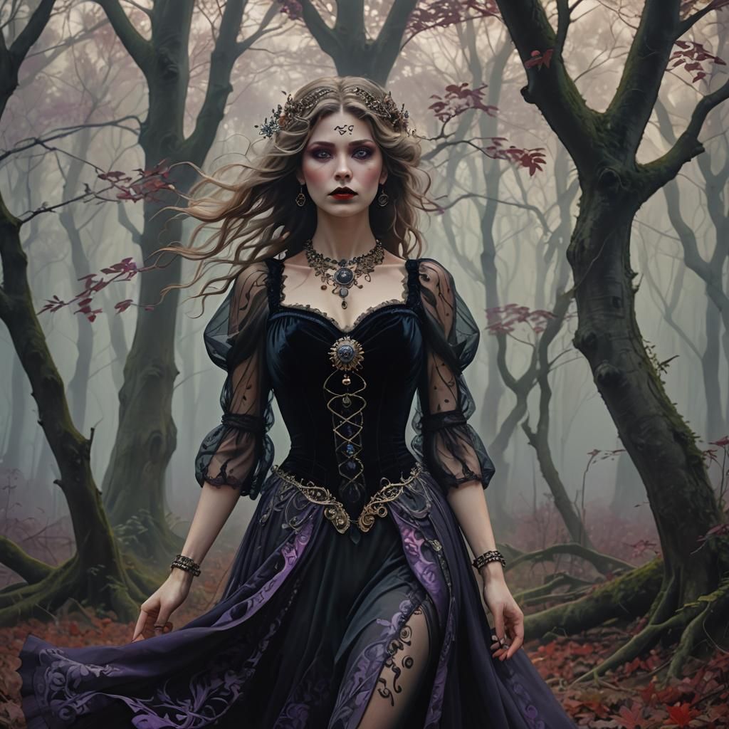 Dark Fantasy Woman in Misty Woods, Alphonse Mucha Style
