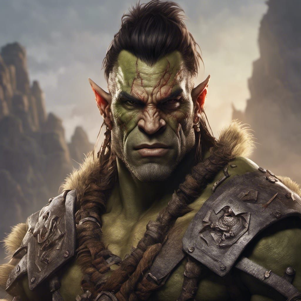 Half-Orc Barbarian Portrait in Realistic Fantasy Style