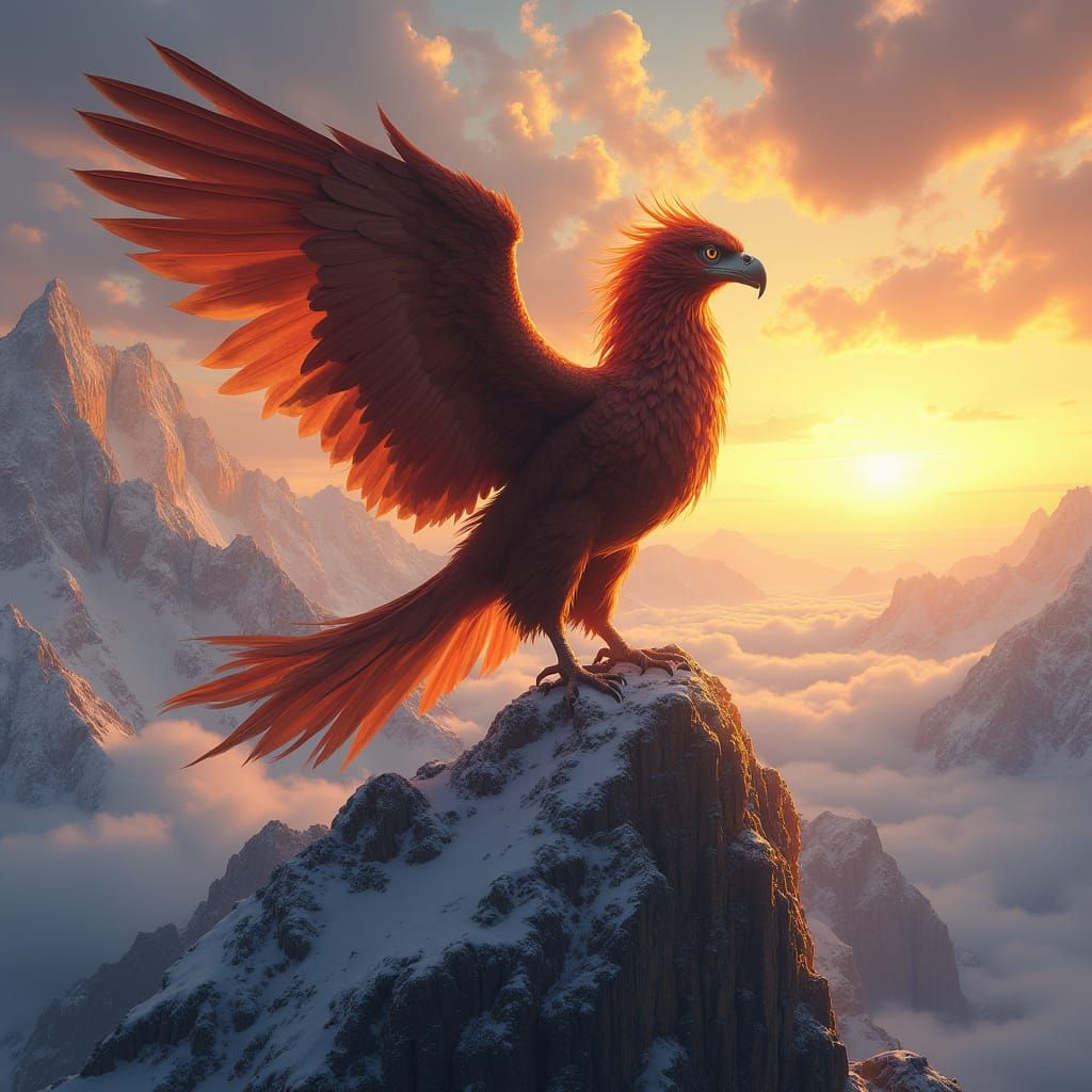 Griffin Perched Atop Mountain Peak at Sunset