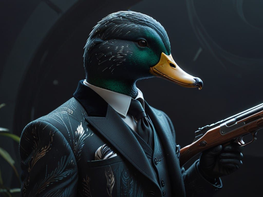 Majestic Duck in Blazer with Rifle, Art Deco Aesthetic