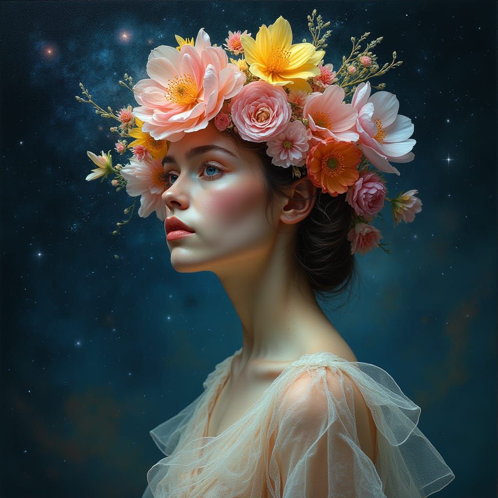 Surrealist Portrait of a Celestial Woman in a Starry Expanse