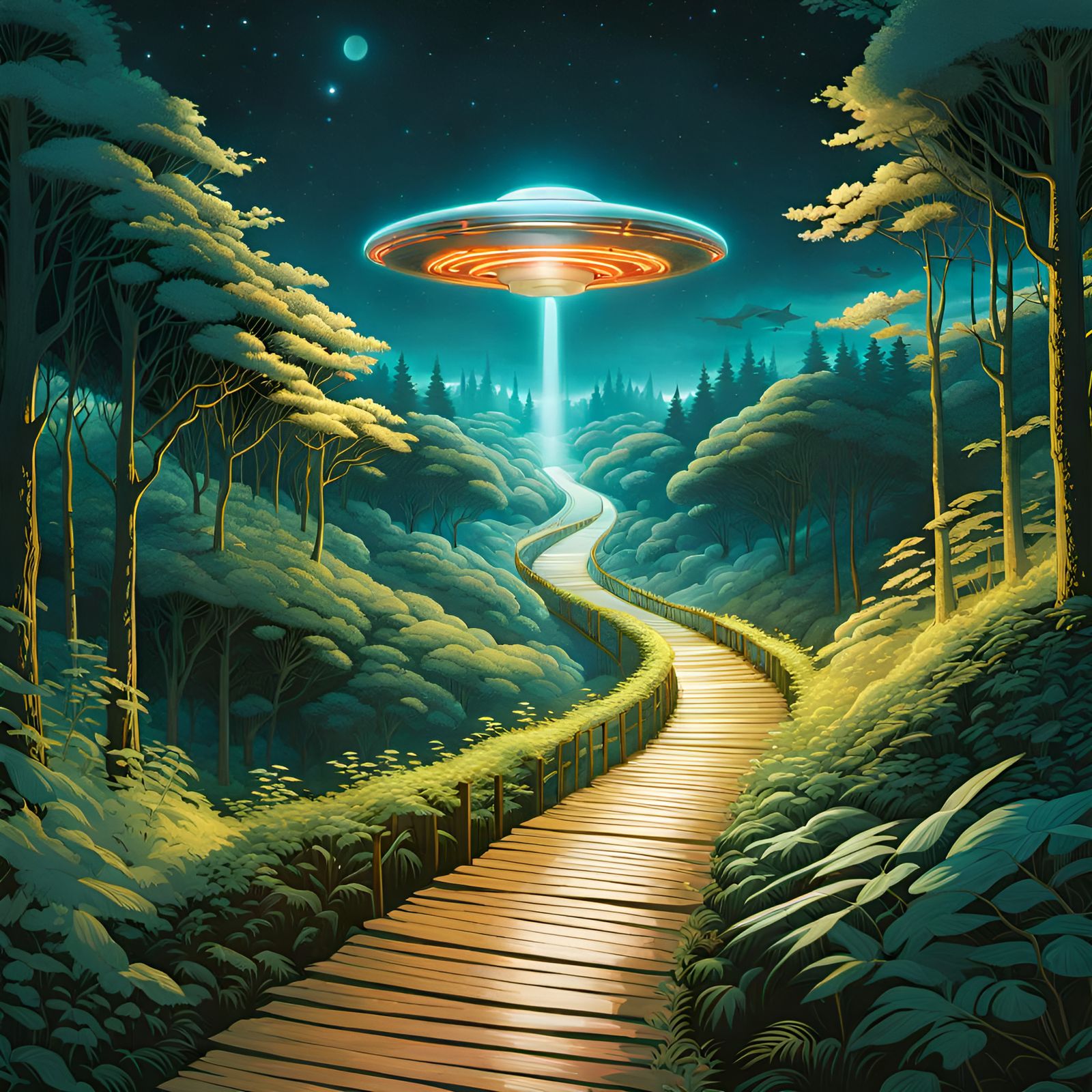 Glowing UFO on Path: Digital Illustration