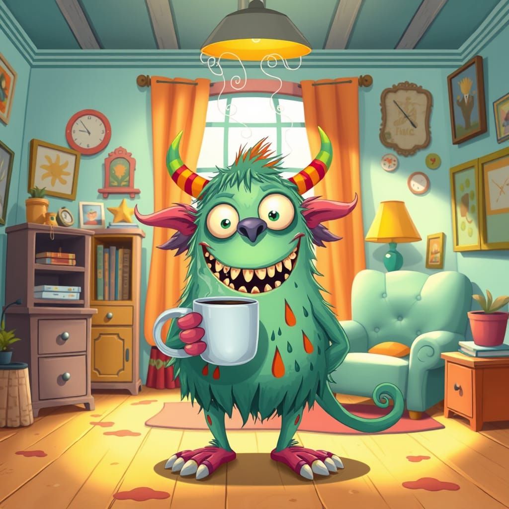 Whimsical Coffee-Drinking Monster in a Quirky Room