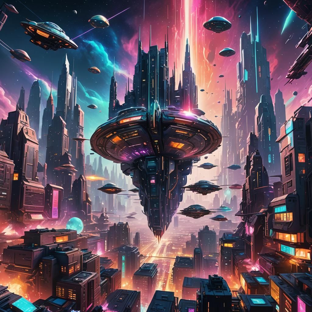 Futuristic Metropolis Floating in Space: Digital Art