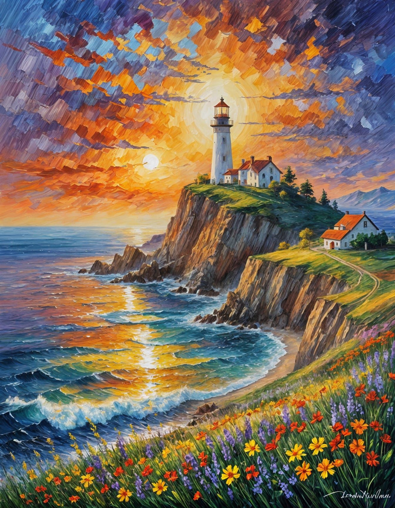 Vibrant Sunset Landscape in Impressionist Style