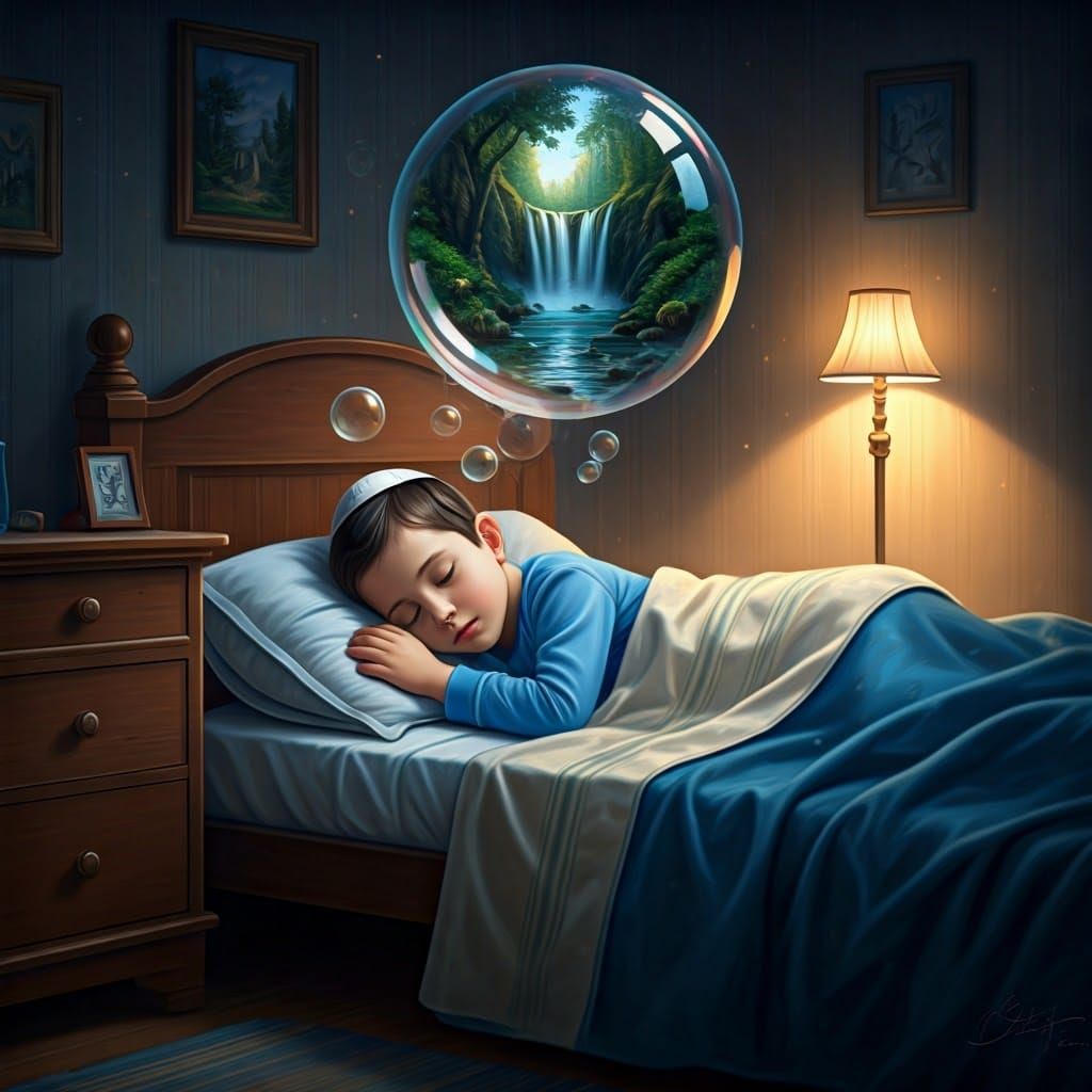 Sleeping Ultra-Orthodox Boy Surrounded by Whimsical Dreamsca...