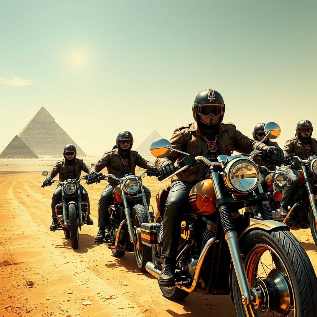 Egyptian Motorcycle Gang Rides in Desert Landscape