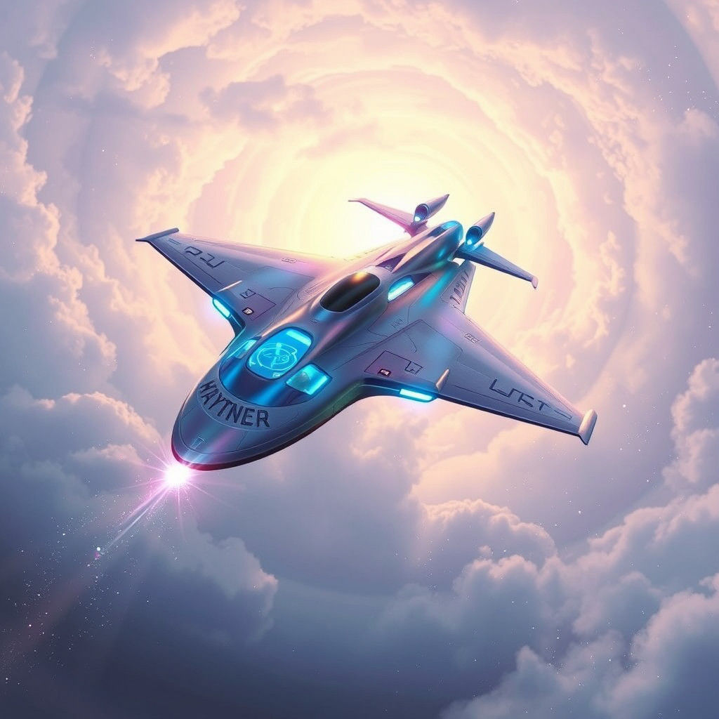 Iridescent Spaceship Descends Through Ethereal Cloud Vortex