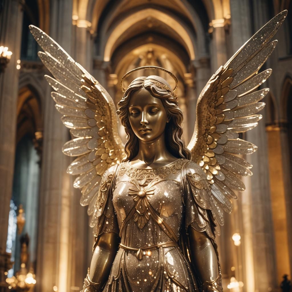 Crystal Angel Statue in Cathedral, Cinematic Lighting