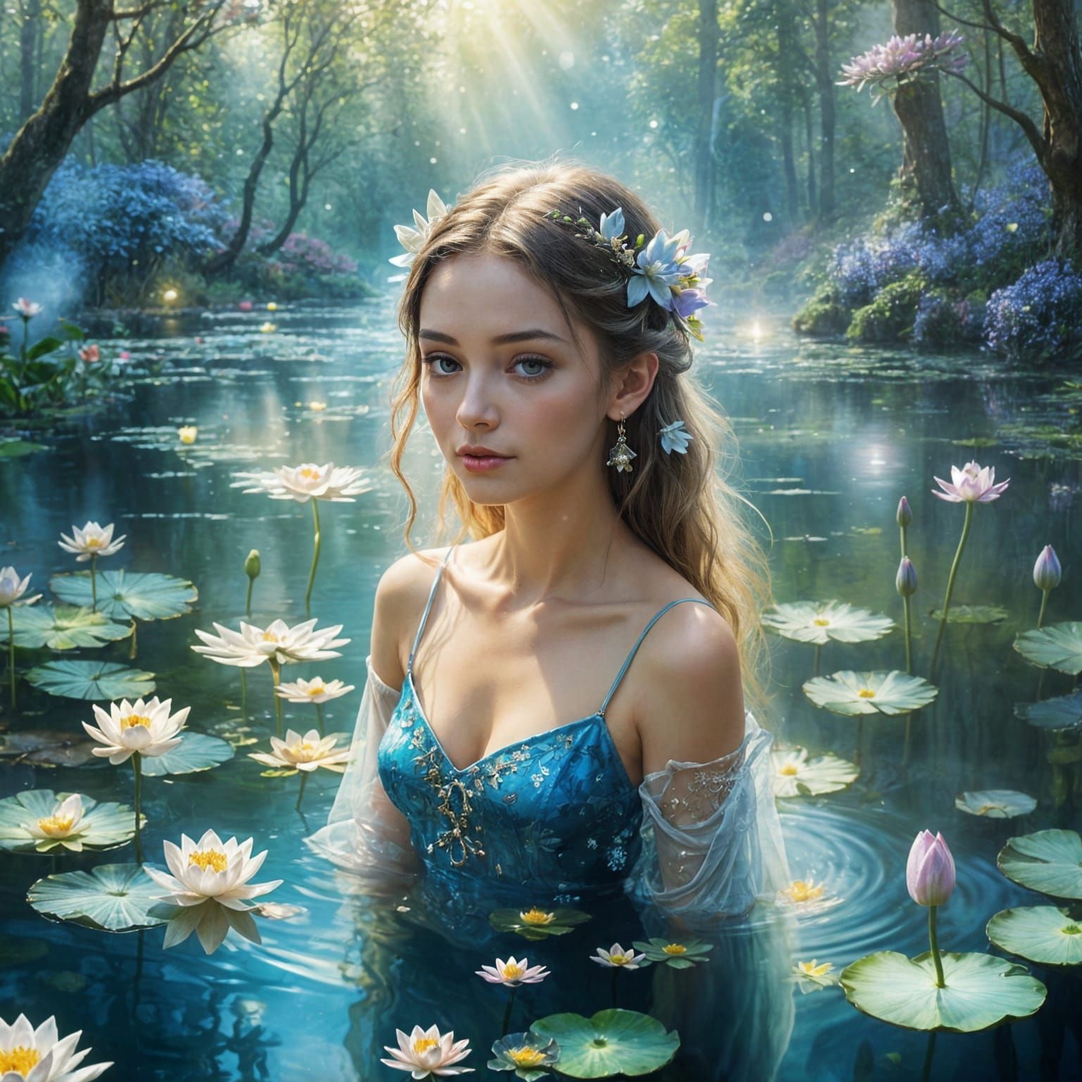 Enchanted Lake: Woman and Blue Lotus Flower