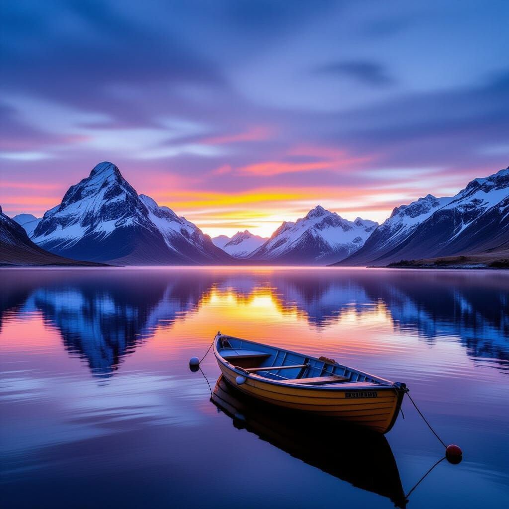 Seascape with Mountains and Sunset, Photorealistic