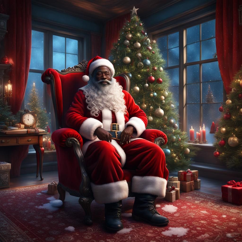 Jolly Black Santa Claus in Christmas Scene