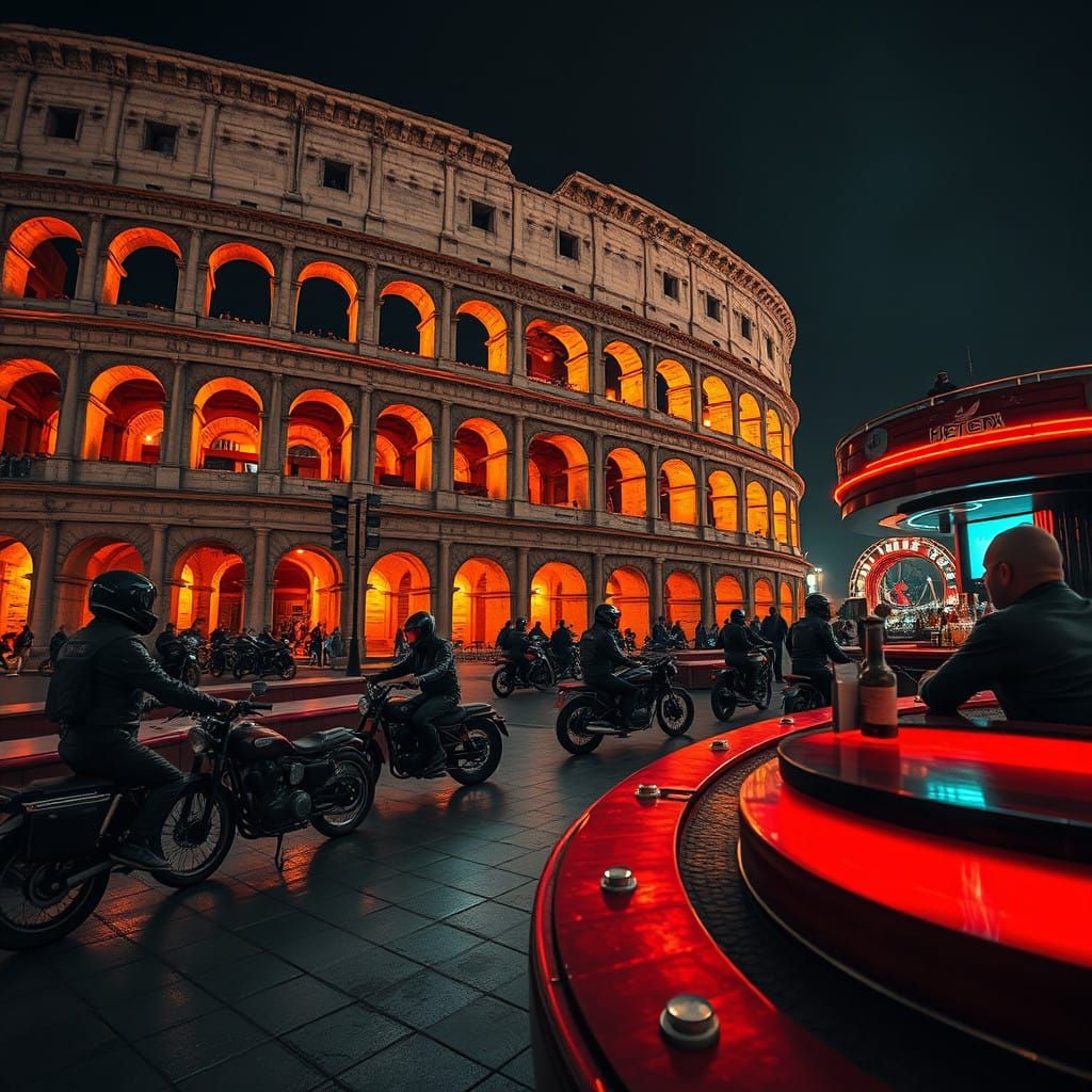 Neon Rome Colosseum with Futuristic Bikers and Bar