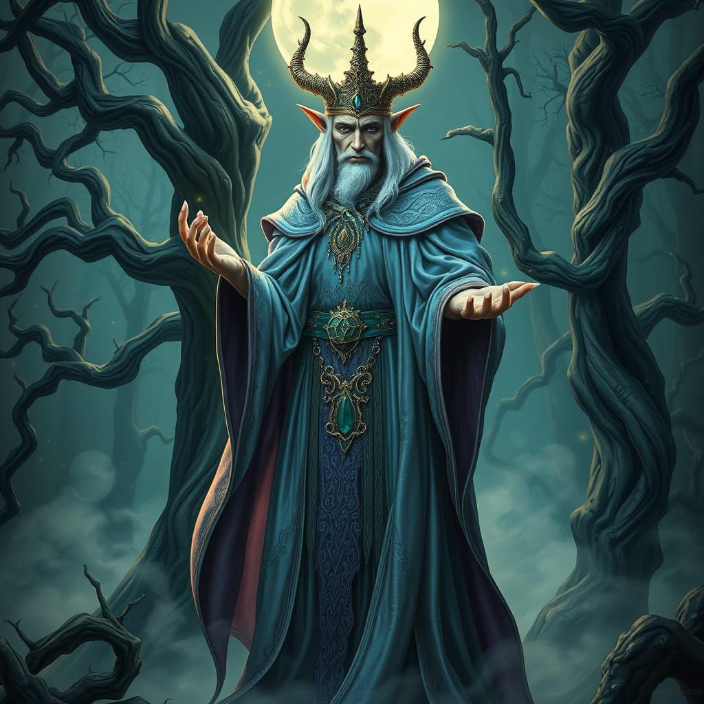 Majestic Elf Sorcerer in Dreamlike, Surrealistic Forest