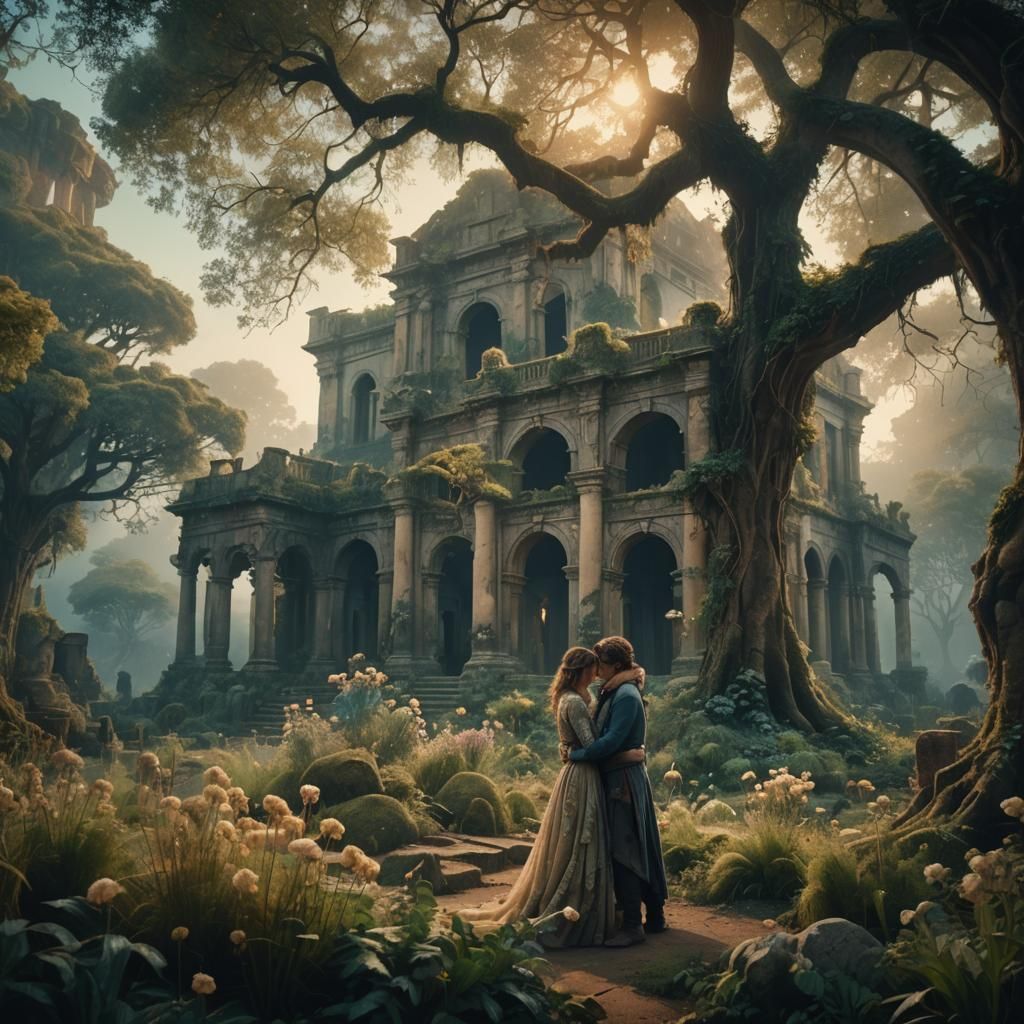 Romantic Embrace in Dreamlike Garden: Cinematic Digital Art
