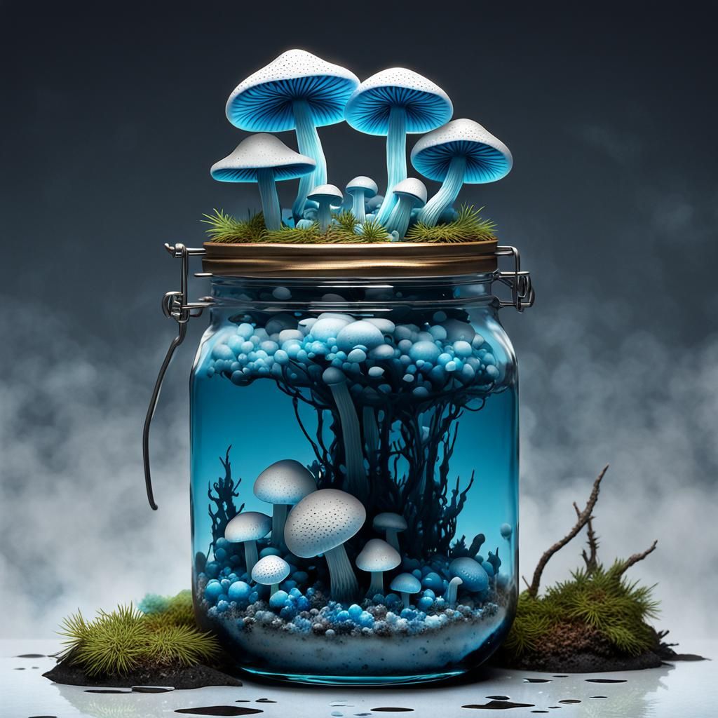 Blue Mycena Mushrooms in Cracked Glass Jar