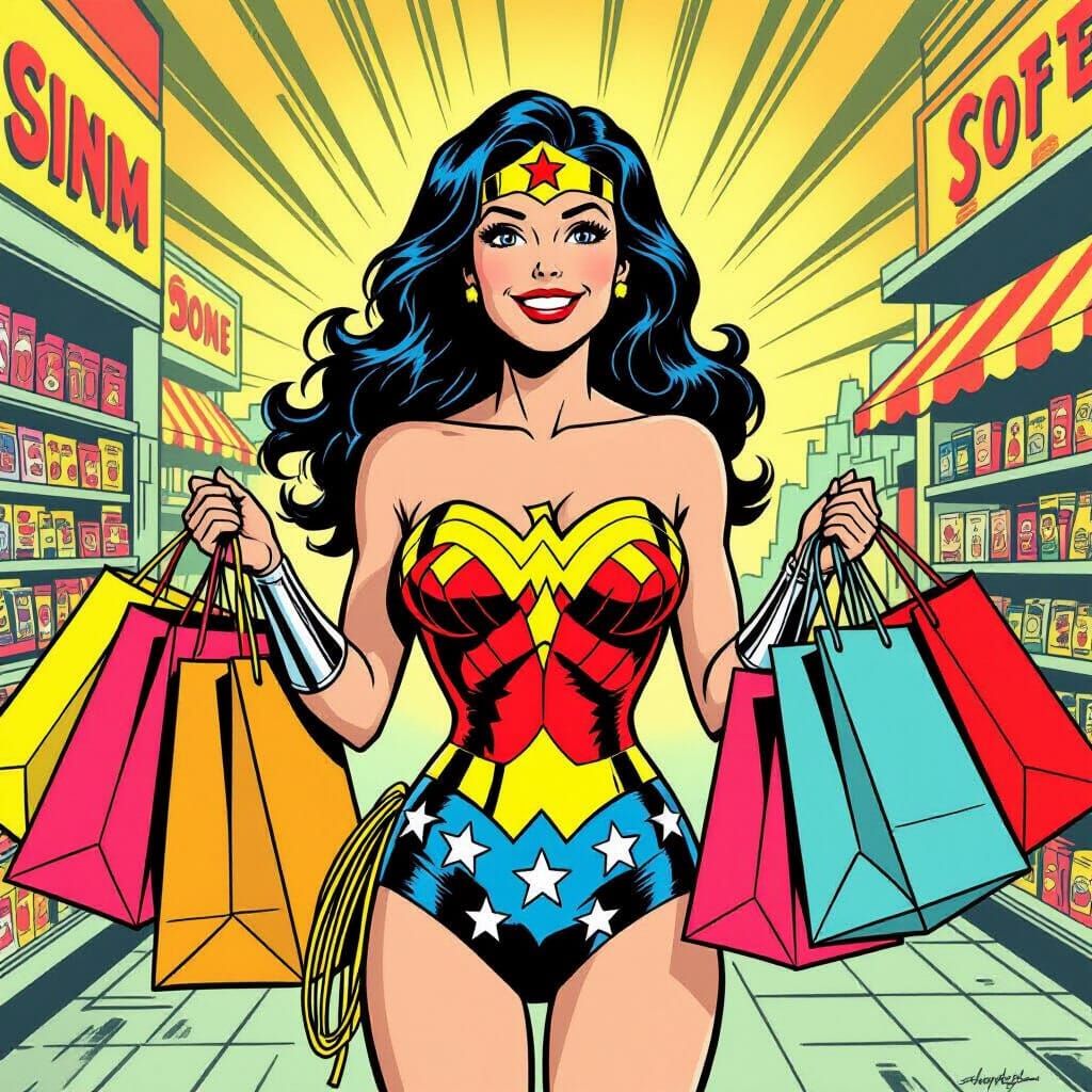 Wonder Woman Shopping Joyfully in Retro Comic Style