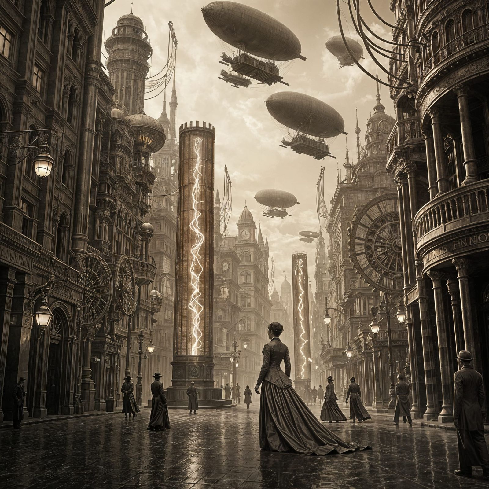 Neo-Victorian City Powered by Tesla Coils in Sepia
