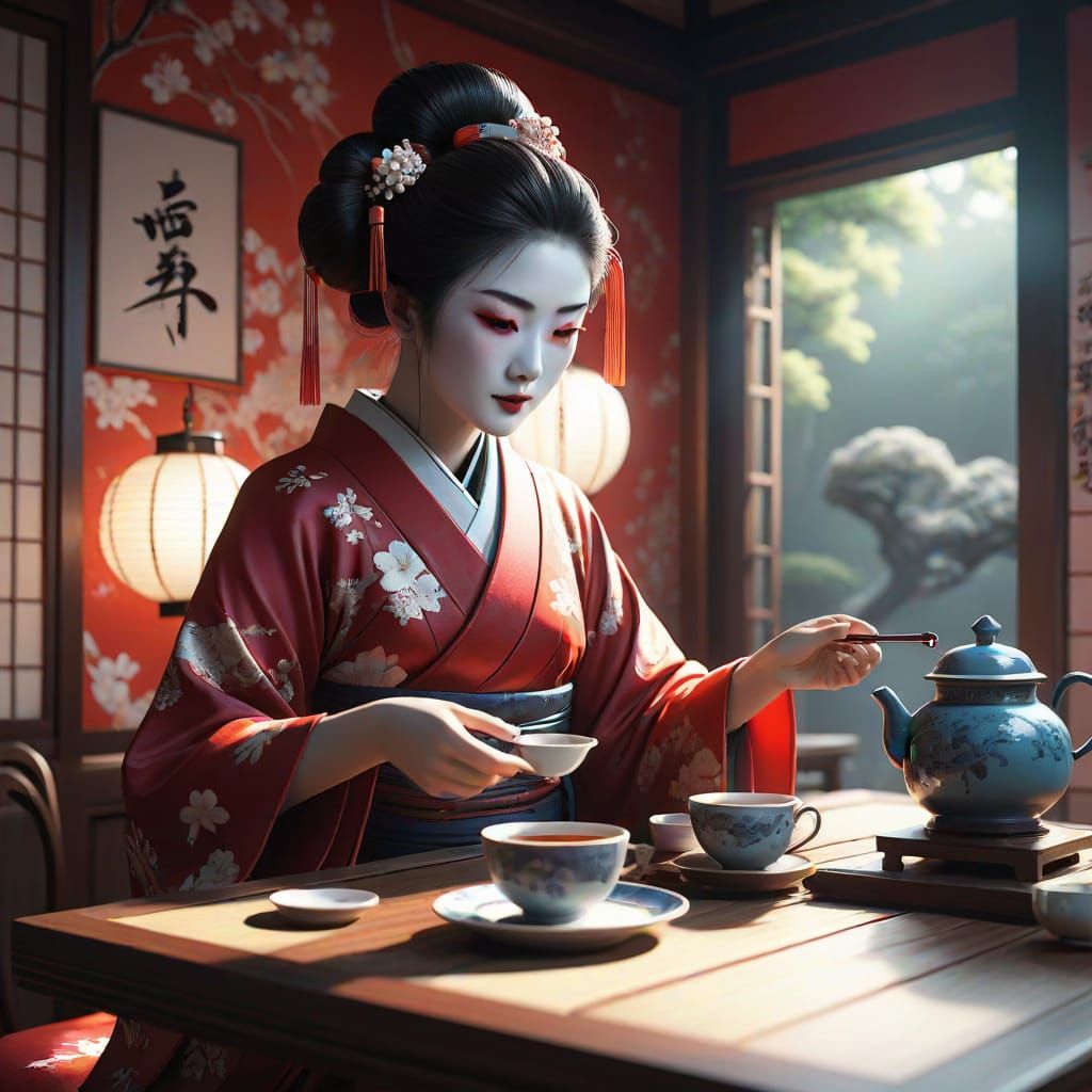 Spectral Geisha in Teahouse: Hyperrealistic Anime Art