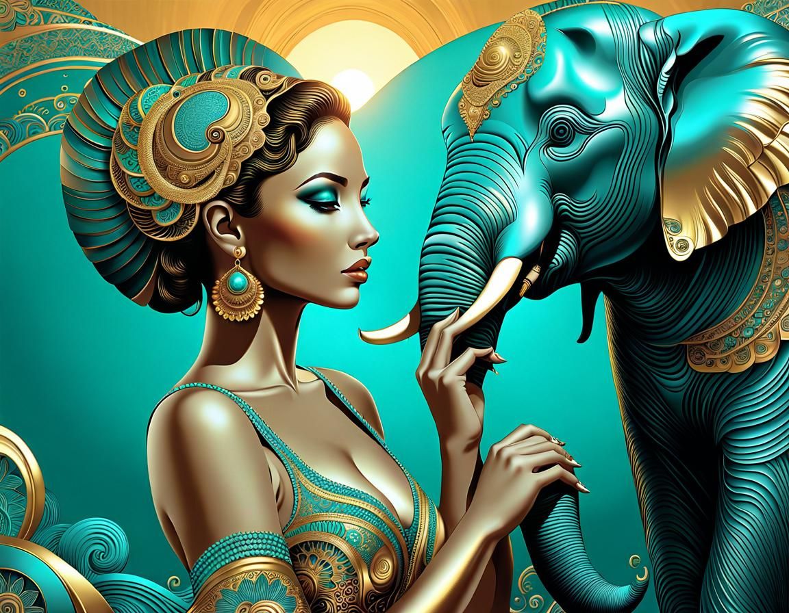 Golden Woman and Elephant at Sunset: Art Brut