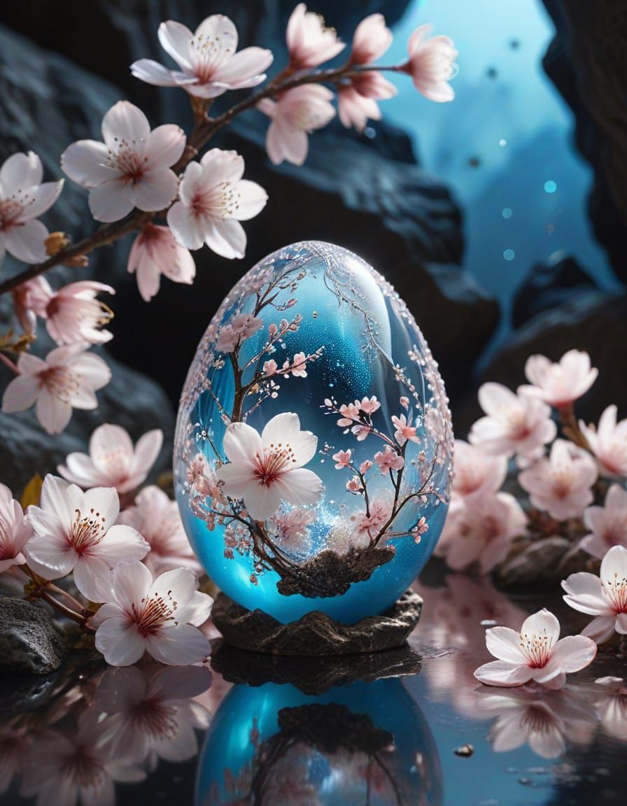 Glass Egg on Cherry Blossoms in Top-Lit Cave
