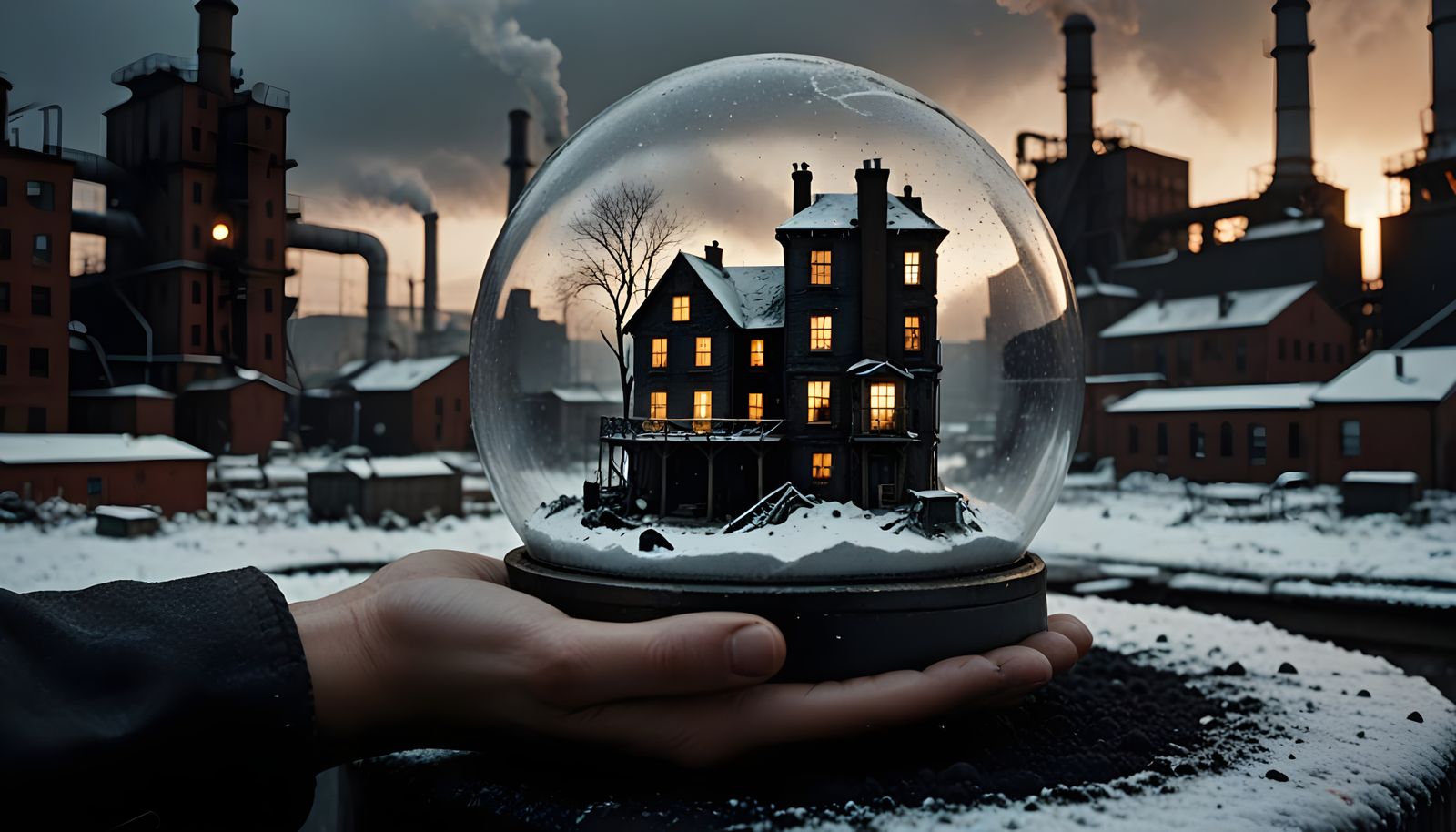 Dystopian Coal Power Station in a Snow Globe