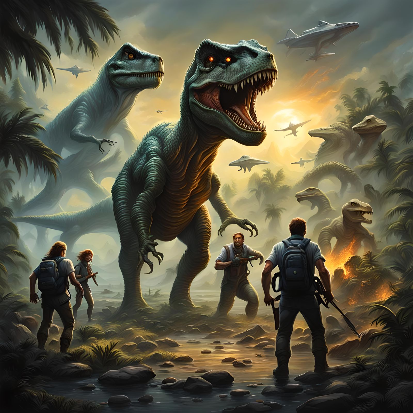 T-Rex and Nordic Aliens in Prehistoric World