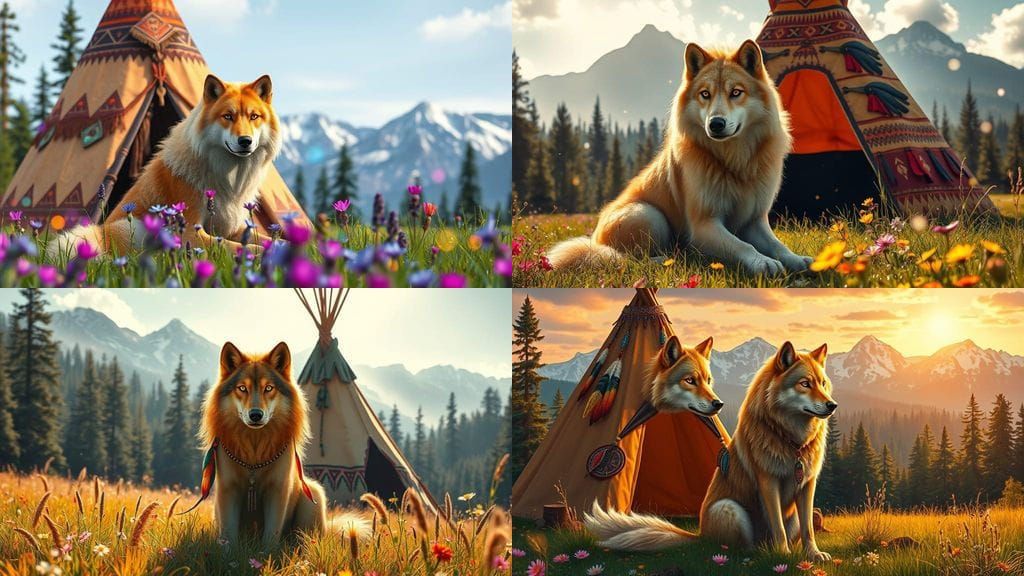 Golden Wolf in Vibrant Native American Fantasy Scene