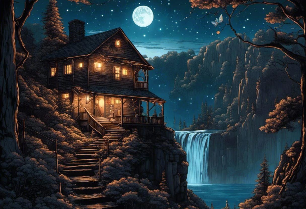 Surreal Cabin Under Starry Sky with Waterfall