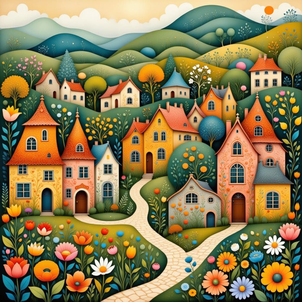 Whimsical Folk Art Village Amidst Blooming Wildflowers