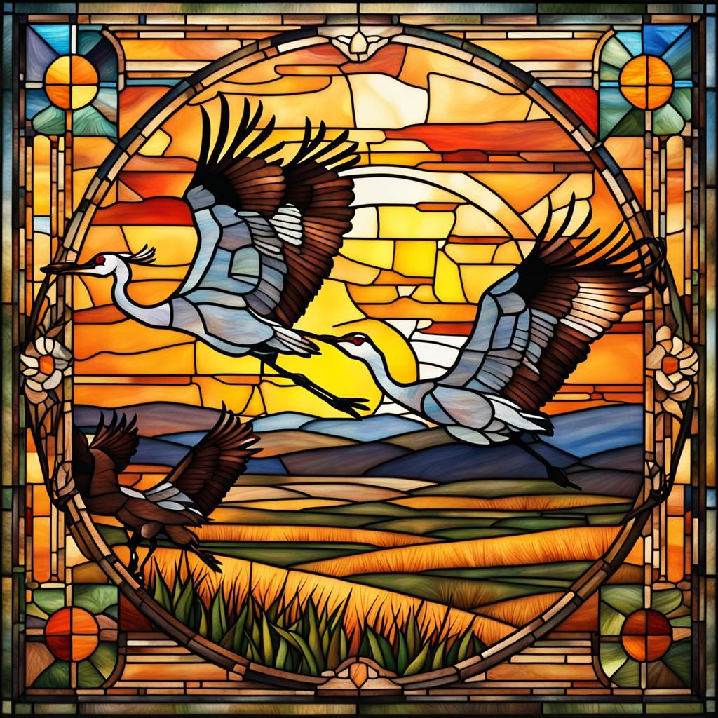 Sandhill Cranes Flight: Art Deco Stained Glass