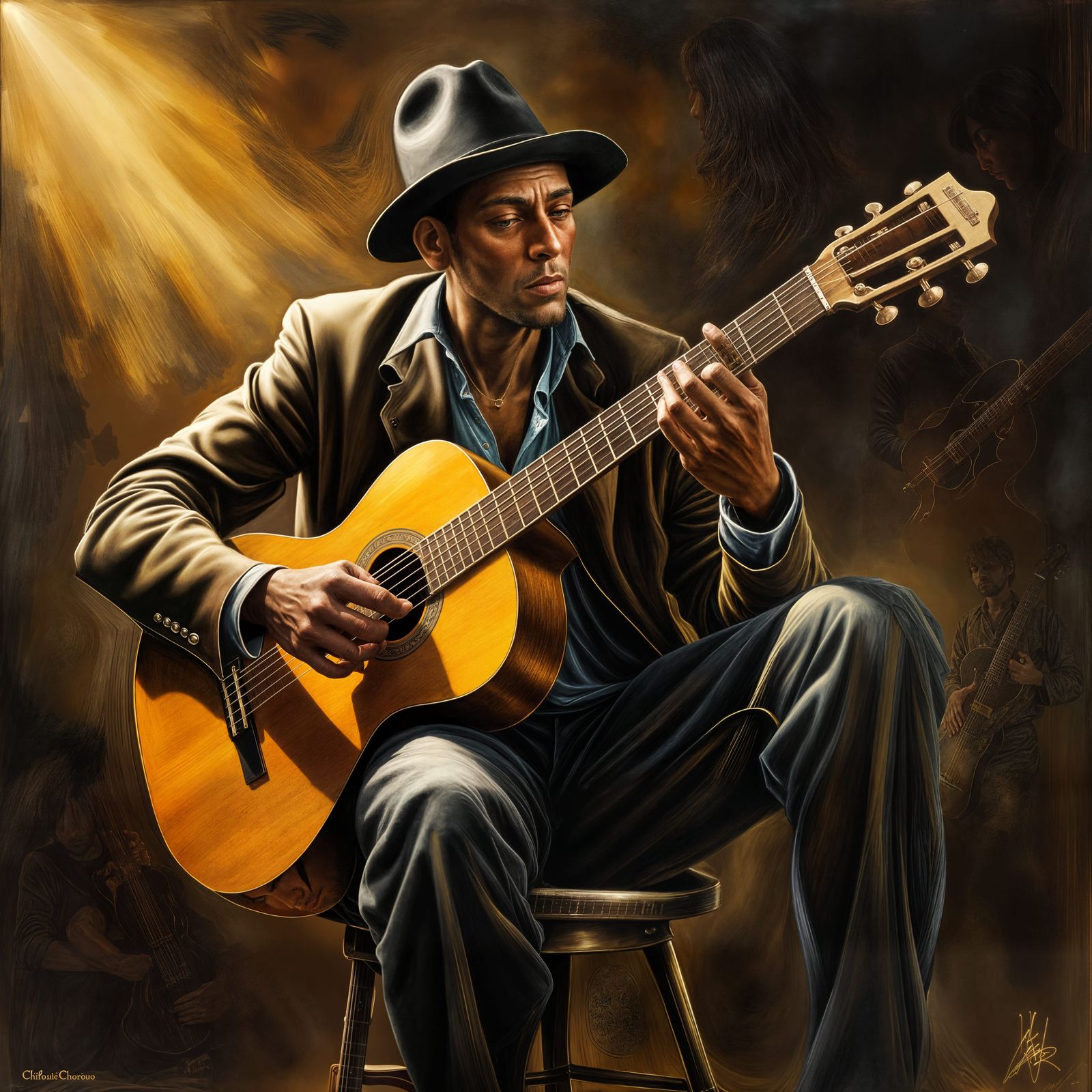 Dramatic Spanish Guitar Player Illustration in Chiaroscuro
