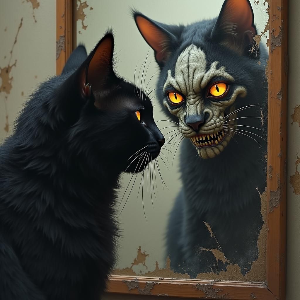 Monstrous Cat Reflection in Dark Fantasy Style