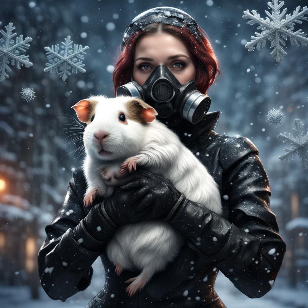 Fantastical Woman Encounters a Guinea Pig in a Snowy Wonderl...