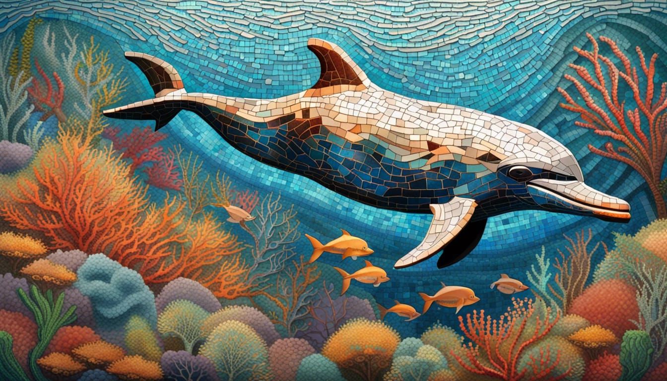 Mosaic Dolphin Swimming in Vibrant Coral Reef