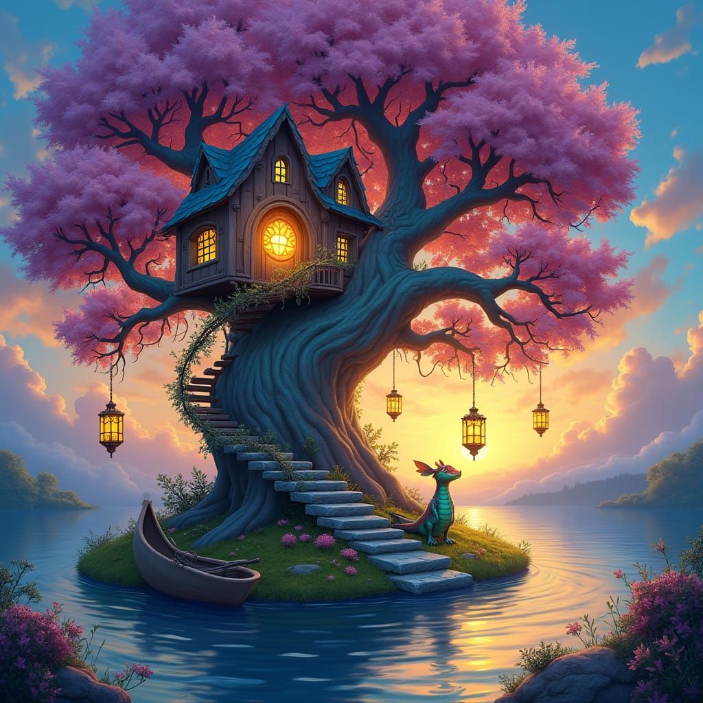 Whimsical Treehouse in Vibrant, Shimmering Colors