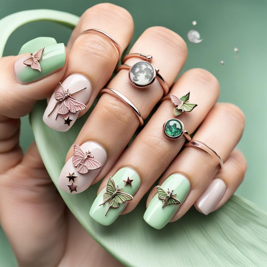 Luna Moth Nail Art with Moon and Stars