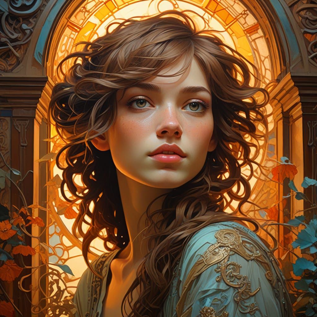 Ethereal Teen in Vibrant Art Nouveau Impasto Masterpiece