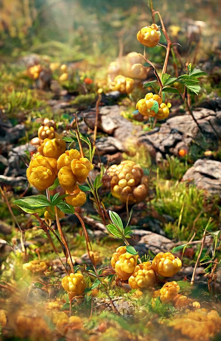 Golden Cloudberries on Norwegian Mountain, Hyperrealistic Il...