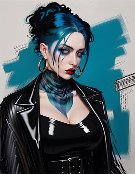 beautiful pale blue haired woman wearing a black silk patter...