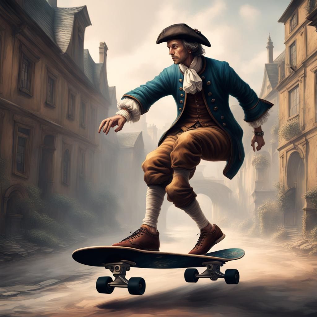 18th Century Man Skateboarding in Ink Painting Style