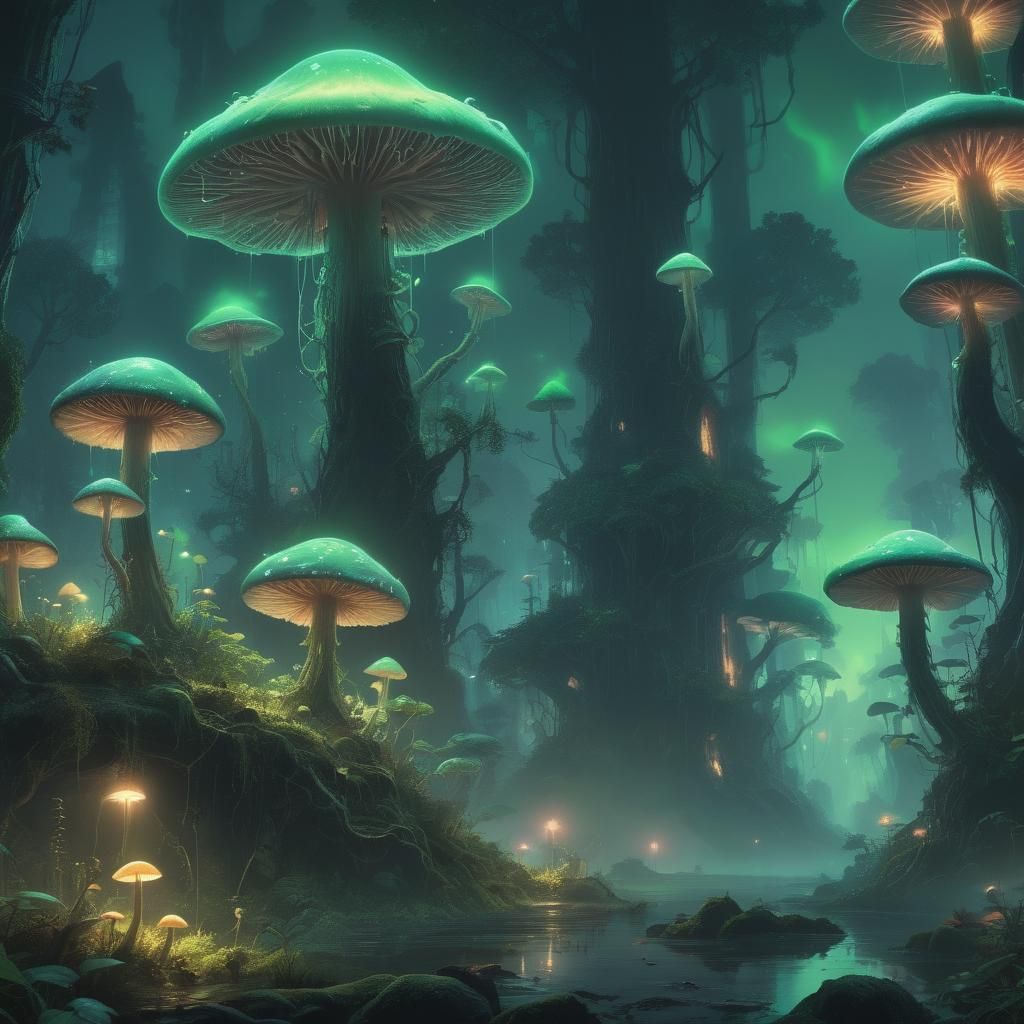 Bioluminescent Green Cityscape in Fantasy Concept Art