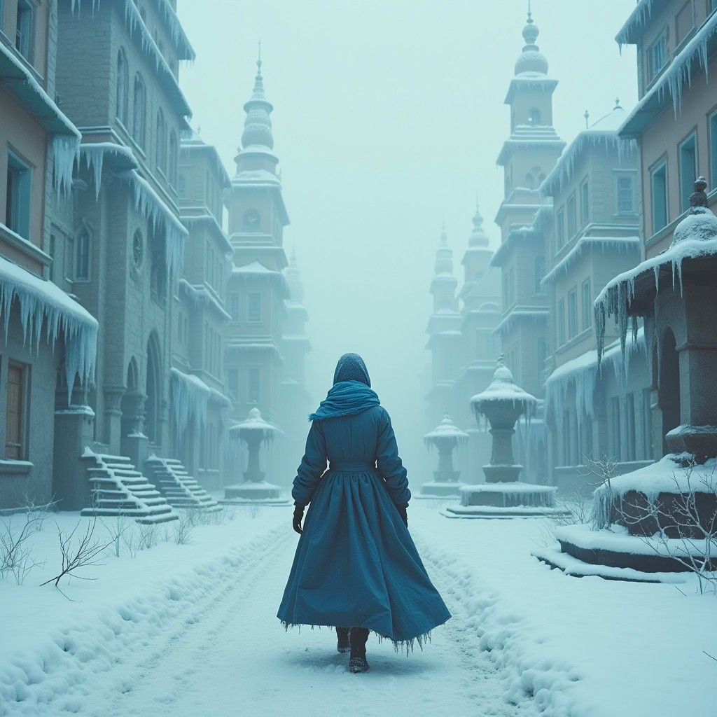 Mystical Woman Walks Through Frozen Town