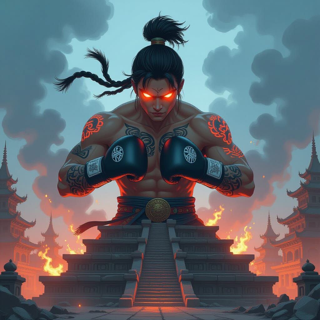 Muay Thai Warrior in Anime Style on Ancient Ziggurat