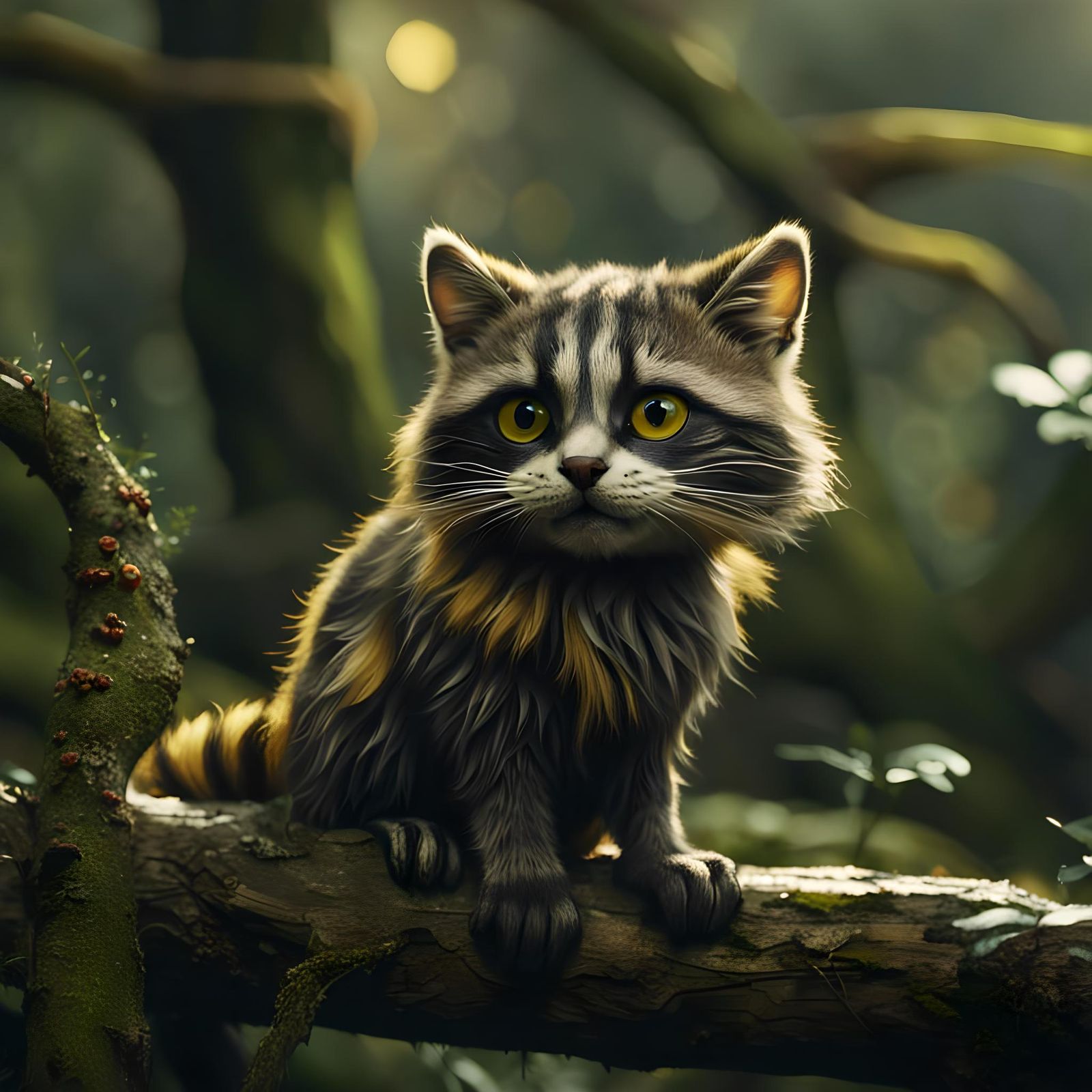Raccoon-Marked Cat on Mossy Branch in 32K