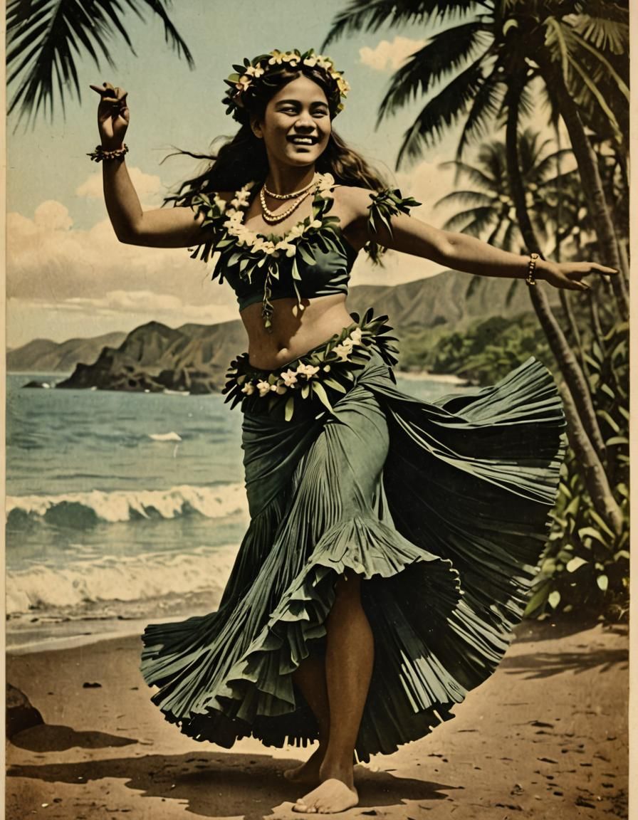 Vintage Hawaiian Hula Dancer in Art Nouveau Style