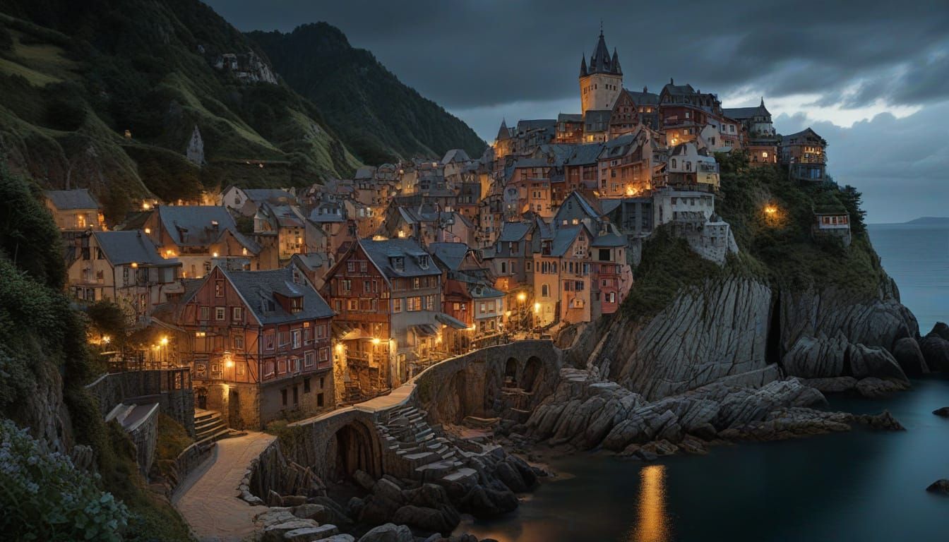 Surreal Coastal Village in a Dreamy, High-Contrast Style