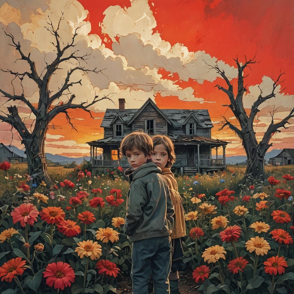 Children Gaze at Abandoned House in Impressionist Style